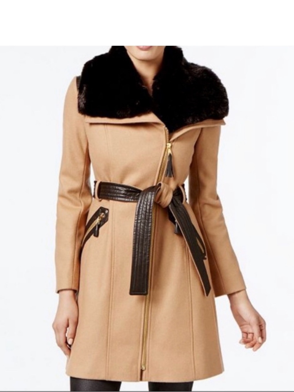 Via Spiga Asymmetric Wrap Coat Faux Fur Collar,Camel Wool Blend Trench Coat 6